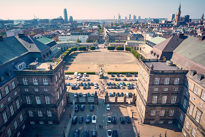 Blick Schlossturm Innenhof Schloss Christiansborg